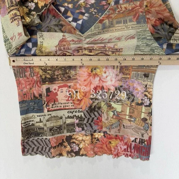 Y2K Vibrant Hawaiian Print Top Womens Medium* Hula Girl Lettuce Hem Dainty Fairy - Picture 11 of 12